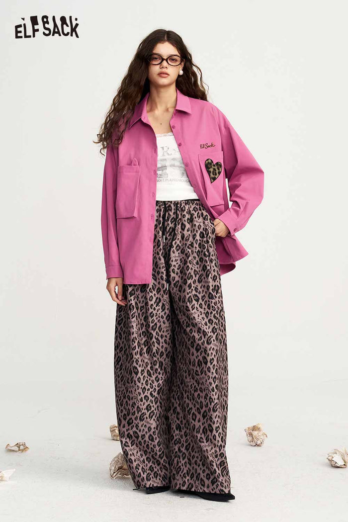 Loose Long Sleeve Leopard Heart Pocket Blouse