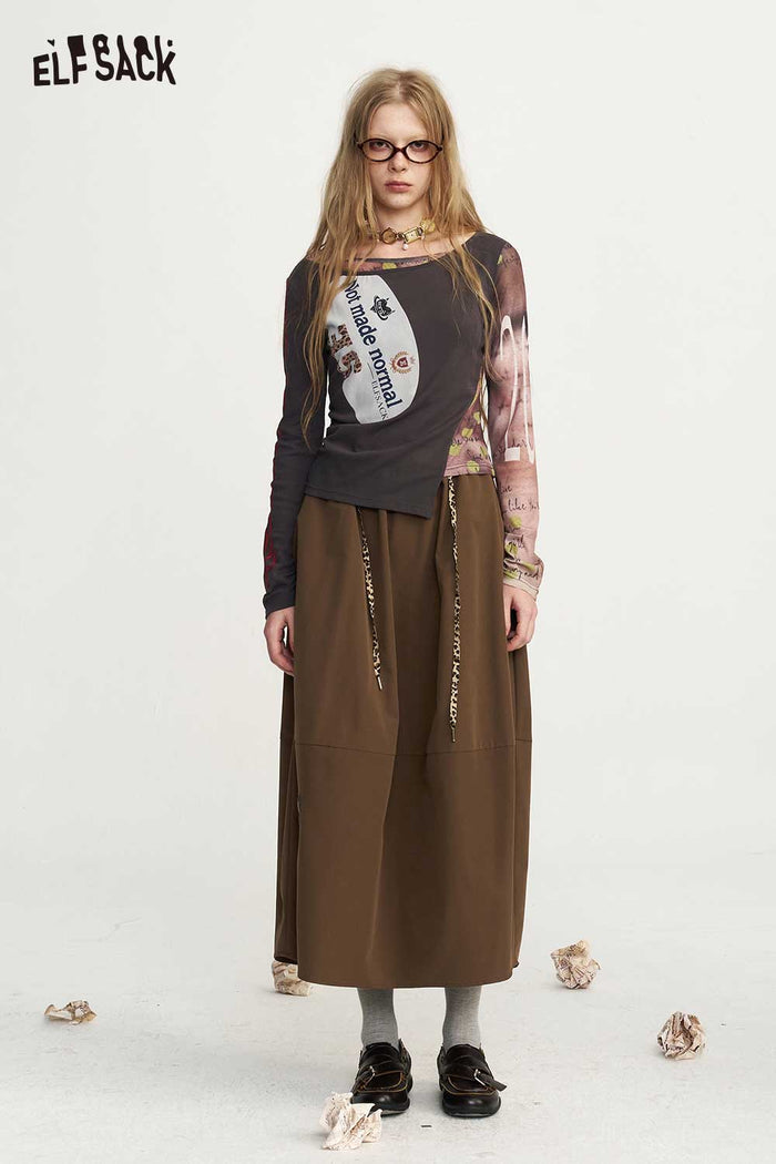 Loose Midi Skirt Heart Print Elastic Drawstring Waist