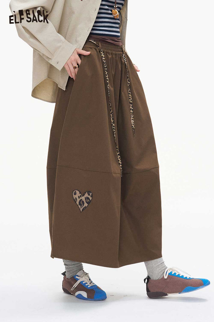 Loose Midi Skirt Heart Print Elastic Drawstring Waist