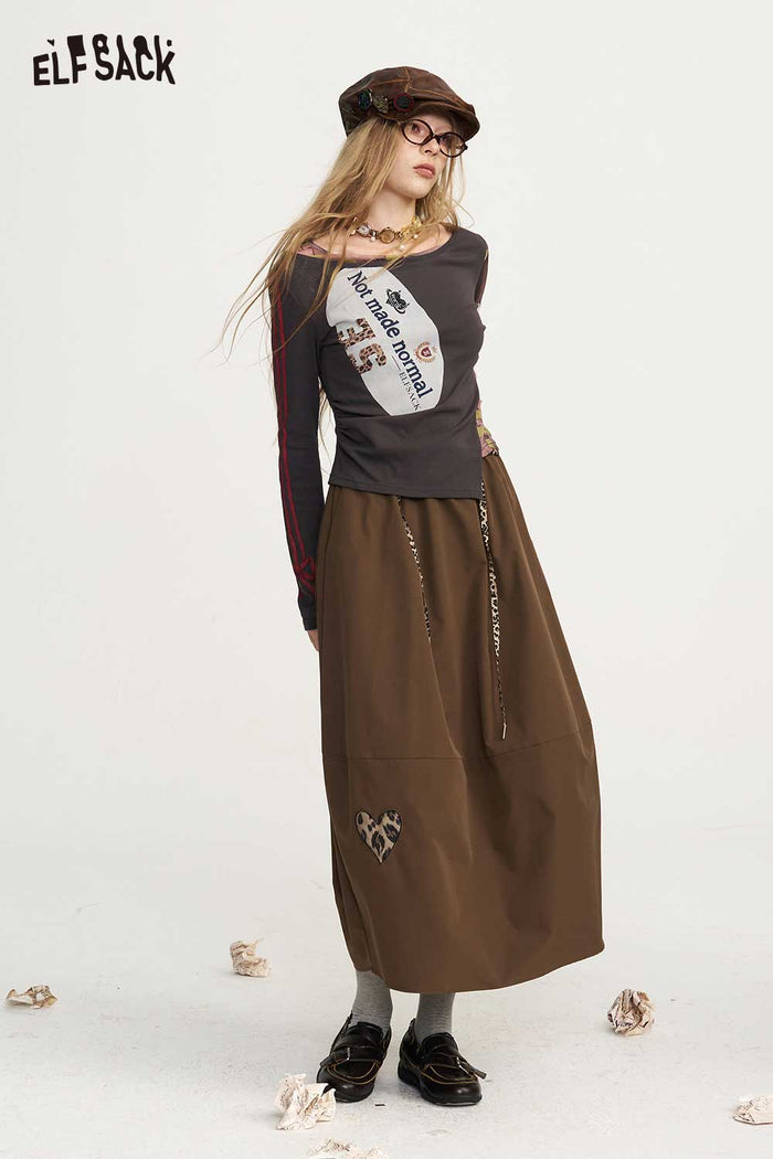 Loose Midi Skirt Heart Print Elastic Drawstring Waist