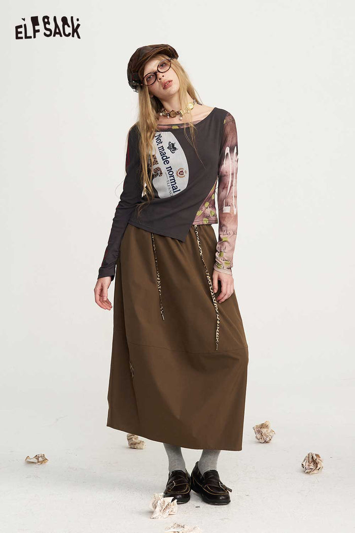 Loose Midi Skirt Heart Print Elastic Drawstring Waist