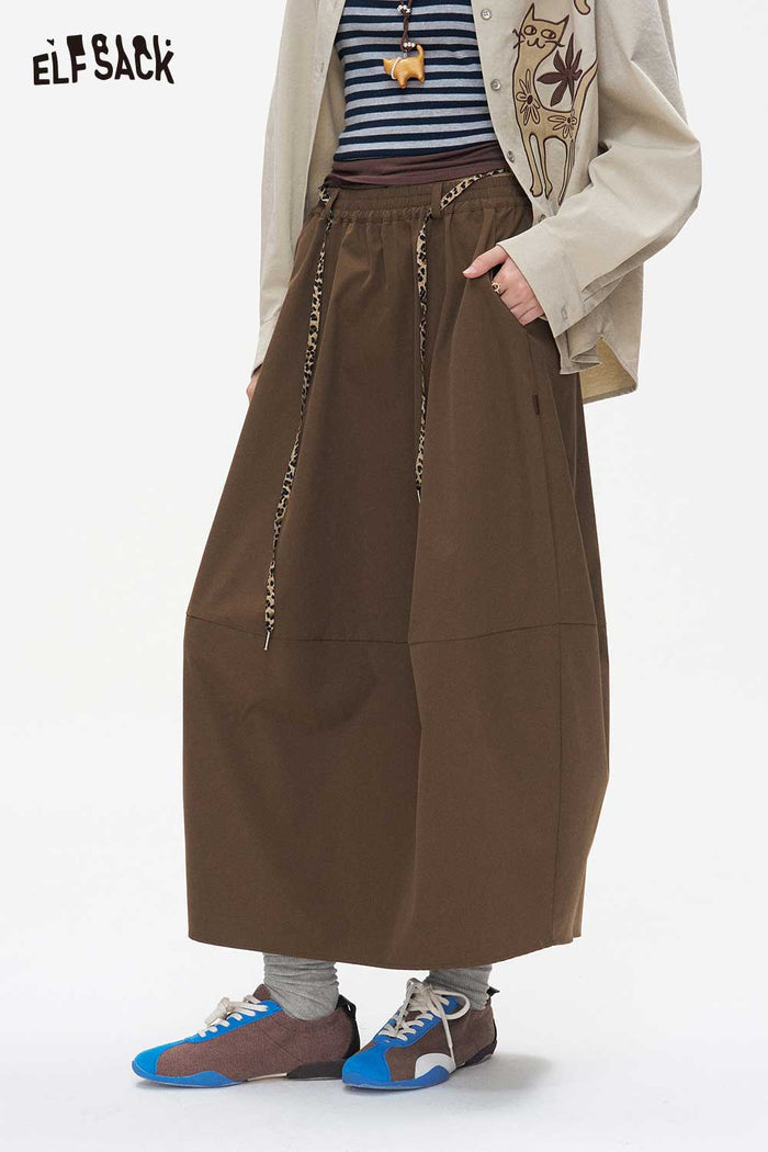 Loose Midi Skirt Heart Print Elastic Drawstring Waist