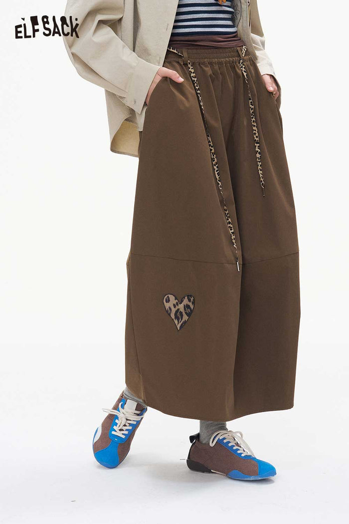 Loose Midi Skirt Heart Print Elastic Drawstring Waist