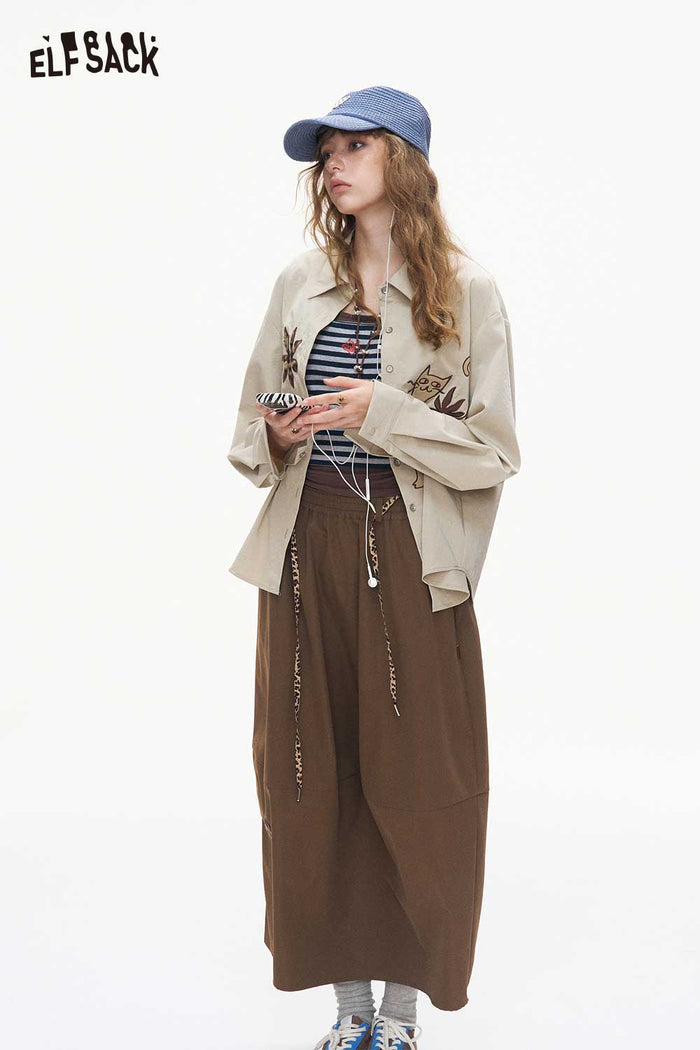 Loose Midi Skirt Heart Print Elastic Drawstring Waist