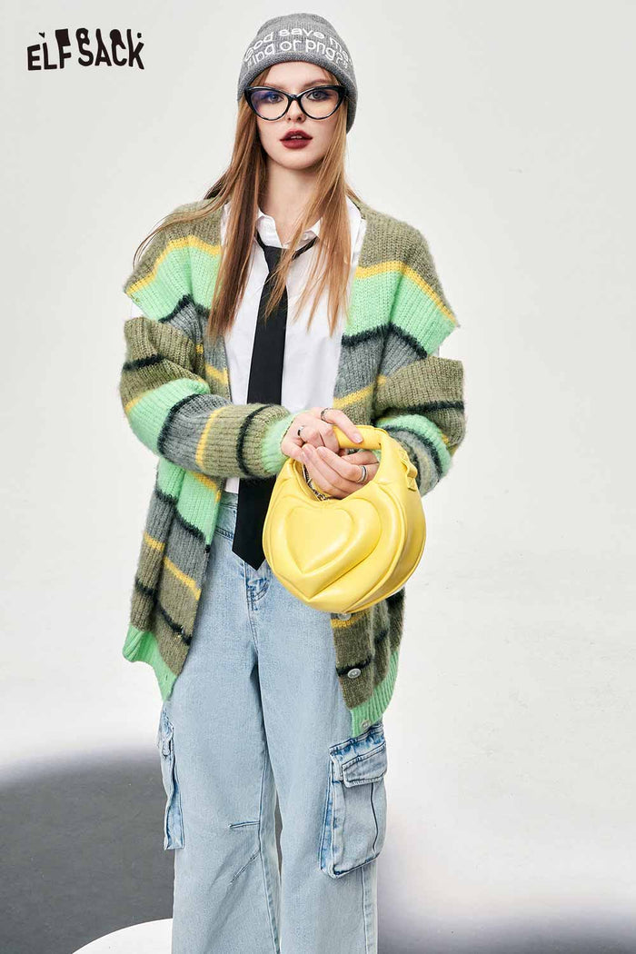 ELFSACK Loose Mohair Striped Cardigan