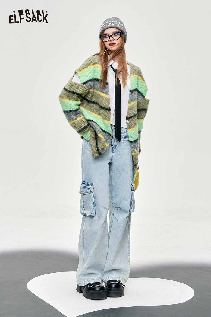 ELFSACK Loose Mohair Striped Cardigan