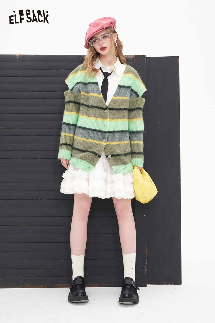 ELFSACK Loose Mohair Striped Cardigan