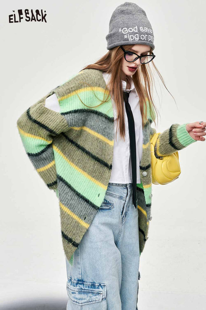 ELFSACK Loose Mohair Striped Cardigan