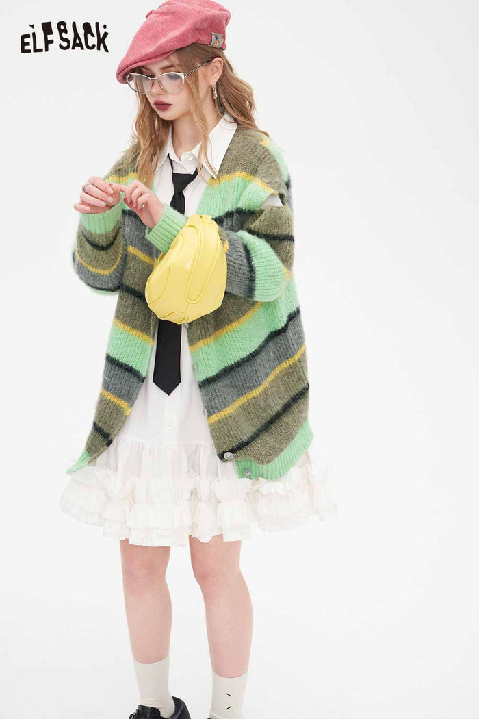ELFSACK Loose Mohair Striped Cardigan