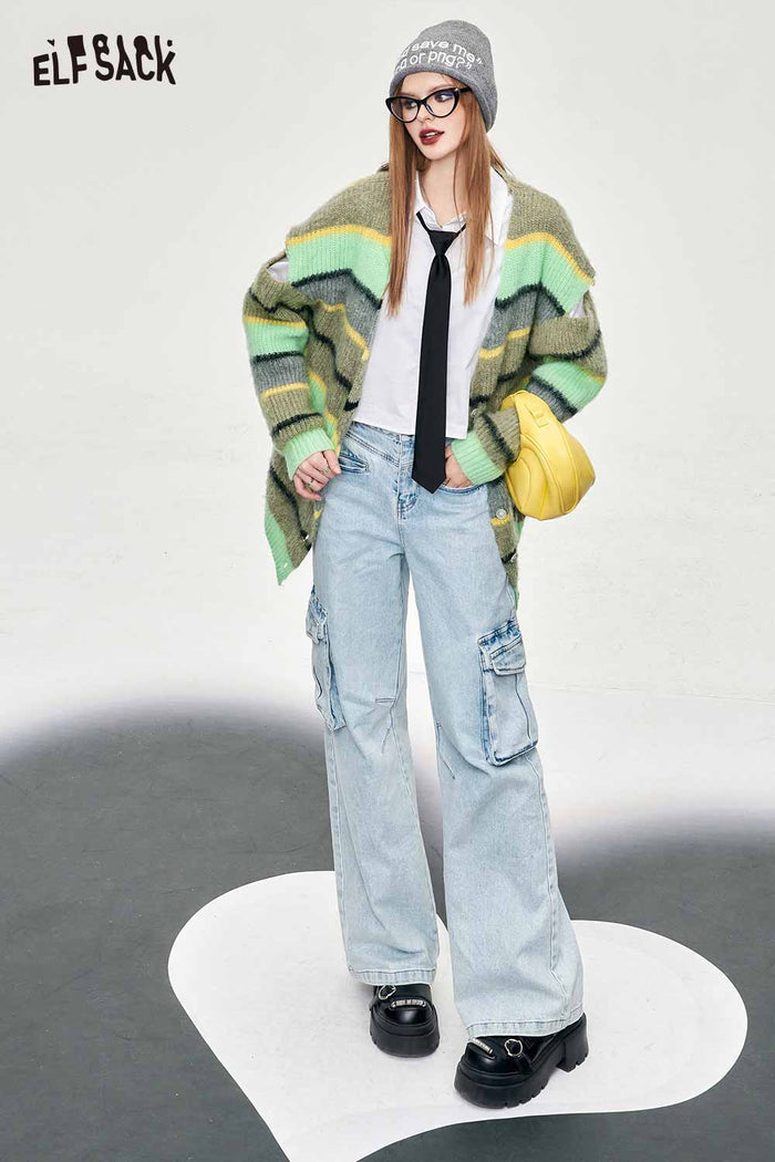 ELFSACK Loose Mohair Striped Cardigan