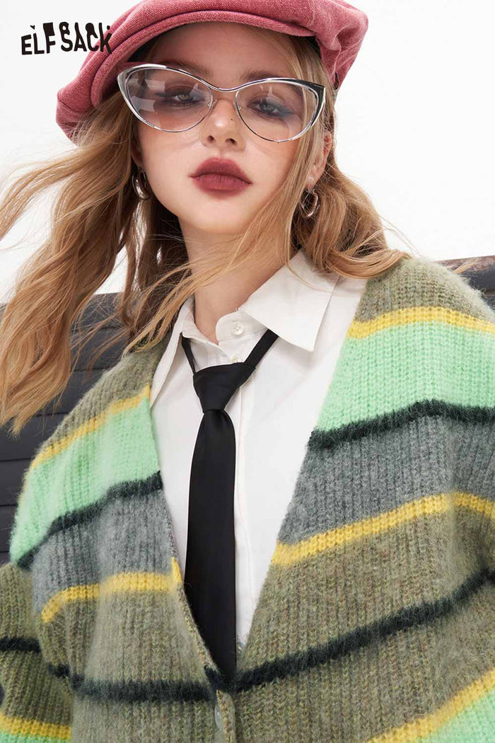 ELFSACK Loose Mohair Striped Cardigan