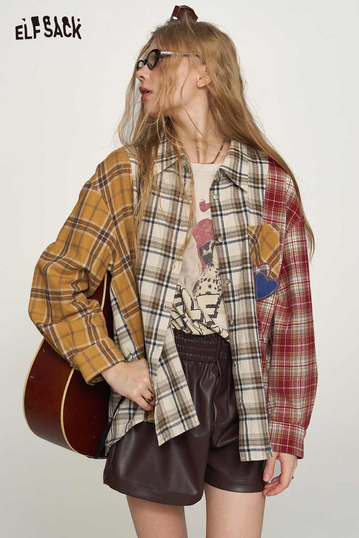 Loose Plaid Patchwork Blouse with Heart Patch