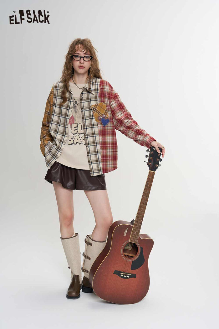 Loose Plaid Patchwork Blouse with Heart Patch