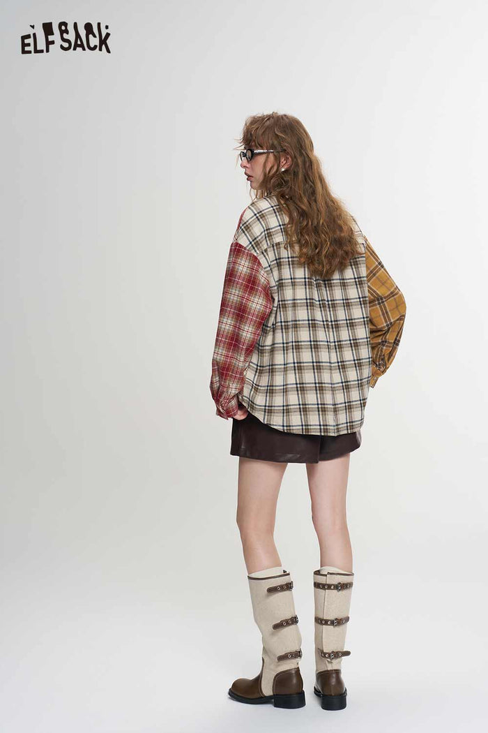 Loose Plaid Patchwork Blouse with Heart Patch