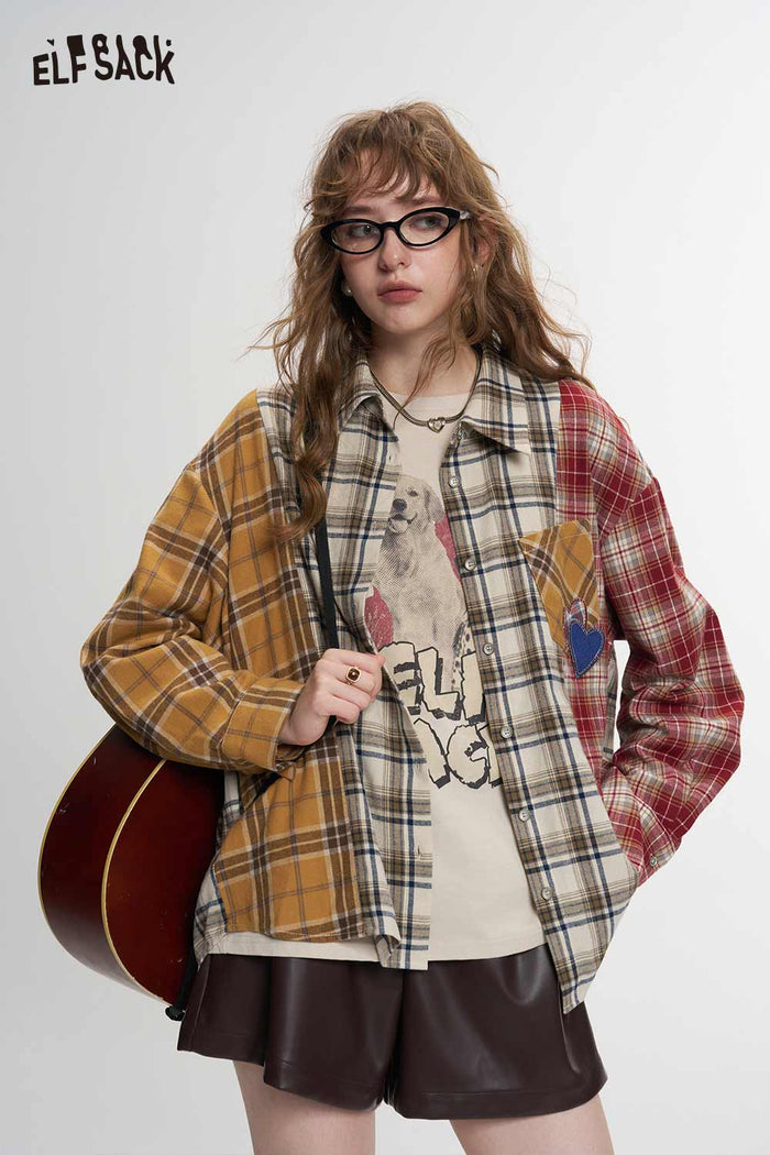 Loose Plaid Patchwork Blouse with Heart Patch