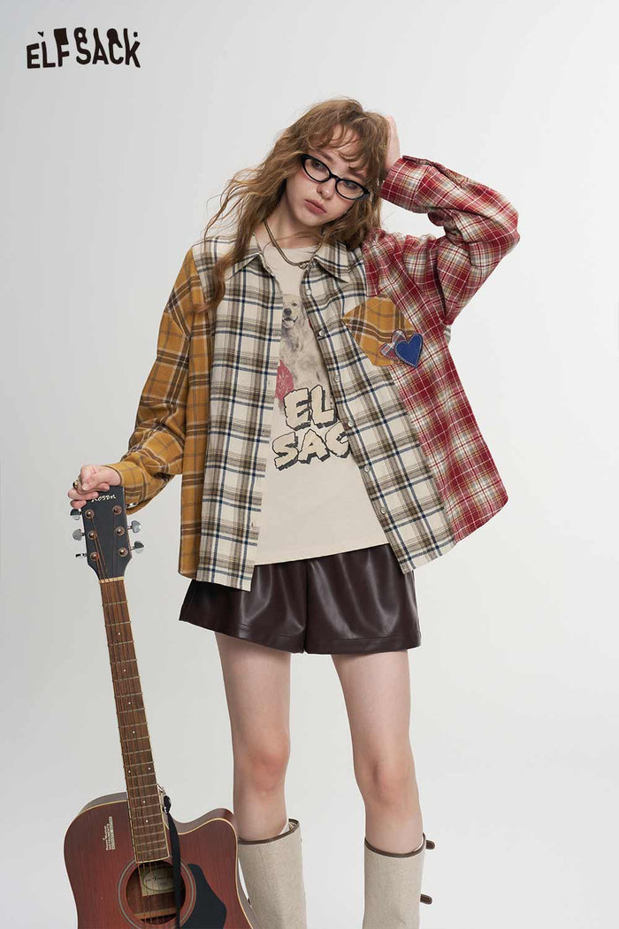 Loose Plaid Patchwork Blouse with Heart Patch