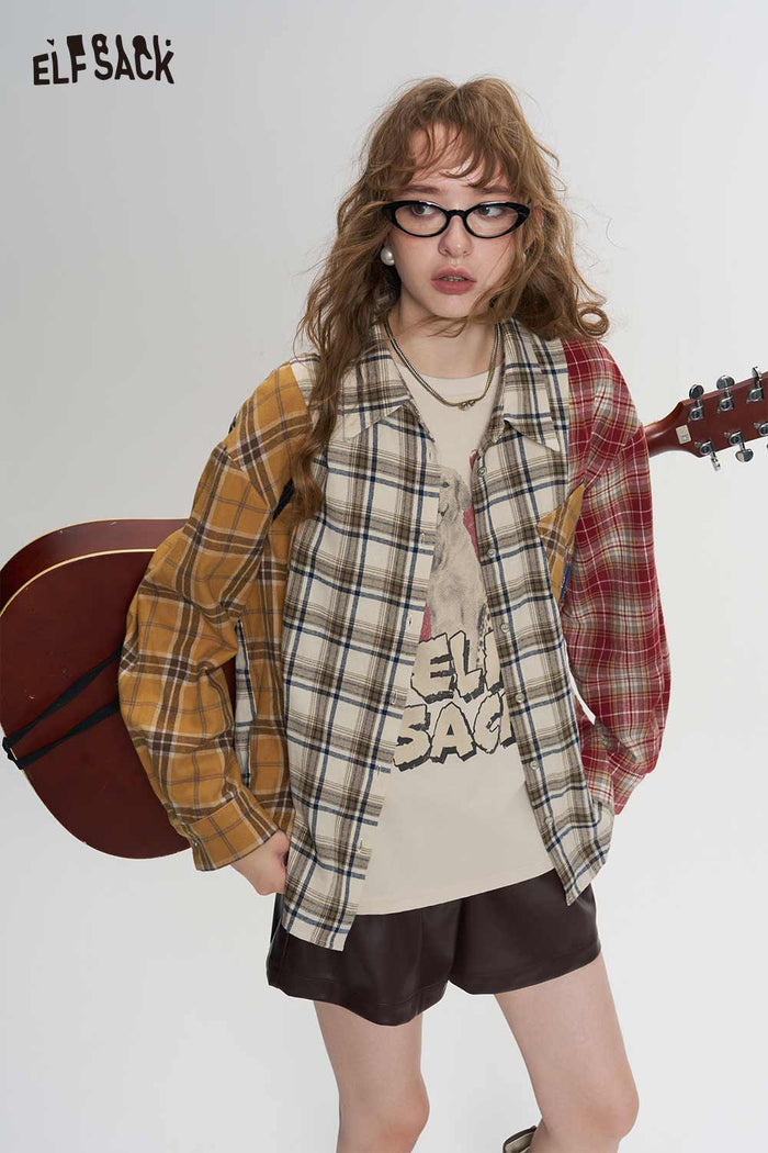 Loose Plaid Patchwork Blouse with Heart Patch
