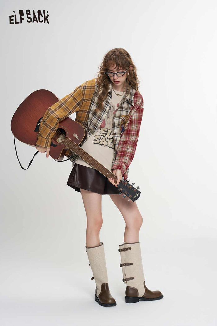 Loose Plaid Patchwork Blouse with Heart Patch