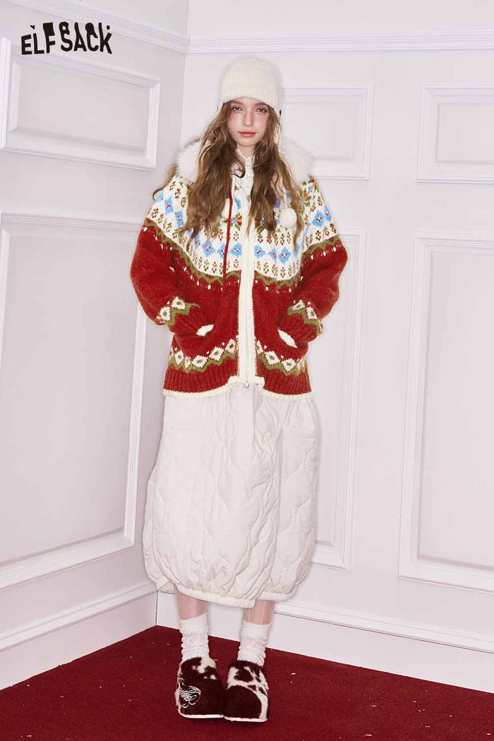 ELFSACK Loose Preppy Christmas Hooded Double Zipper Cardigan