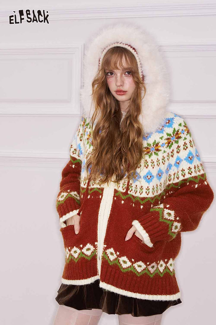 ELFSACK Loose Preppy Christmas Hooded Double Zipper Cardigan