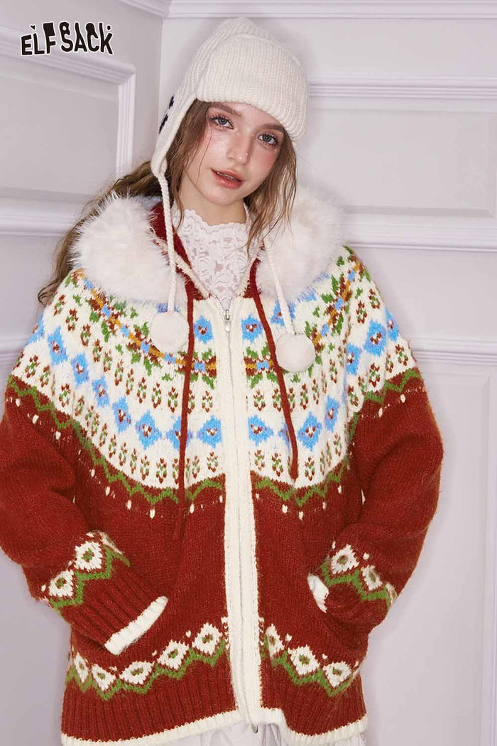 ELFSACK Loose Preppy Christmas Hooded Double Zipper Cardigan