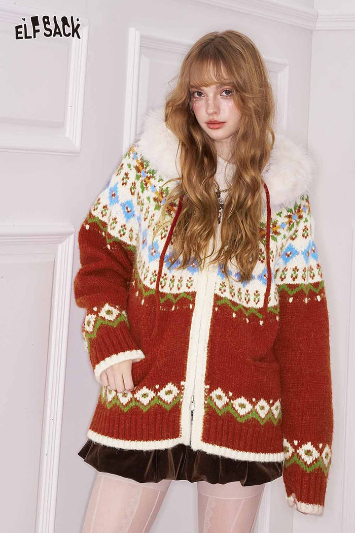 ELFSACK Loose Preppy Christmas Hooded Double Zipper Cardigan