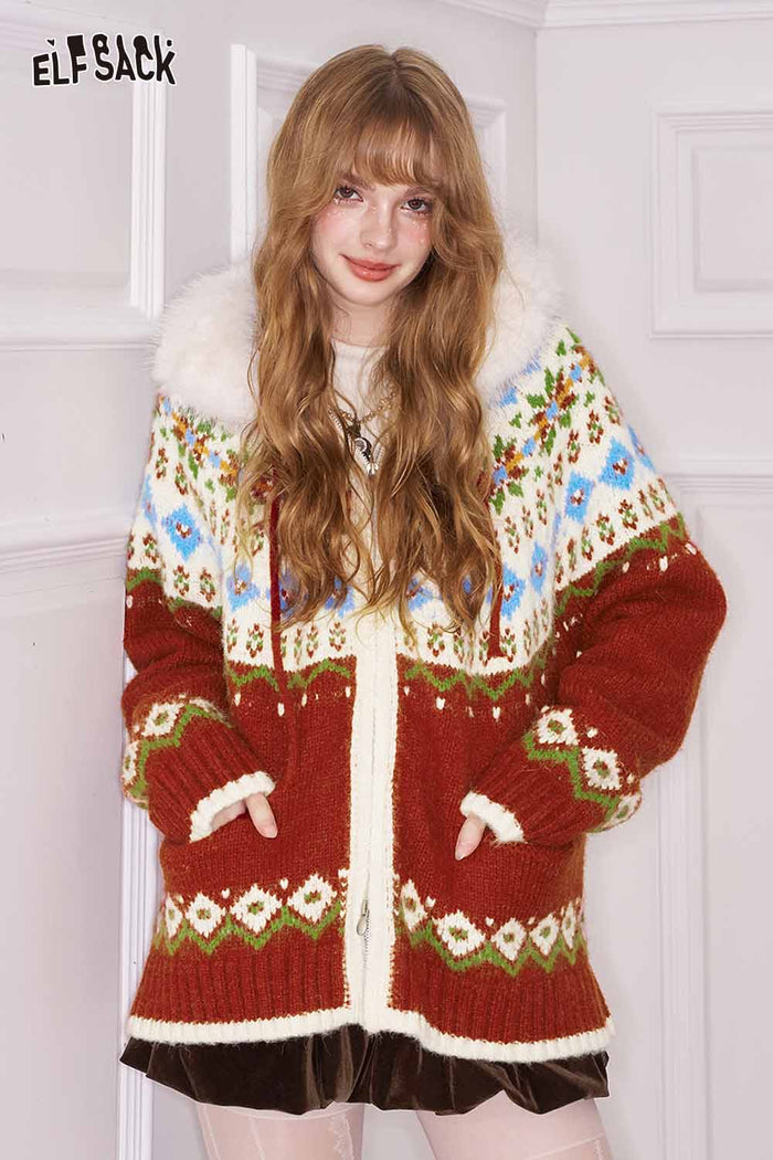 ELFSACK Loose Preppy Christmas Hooded Double Zipper Cardigan