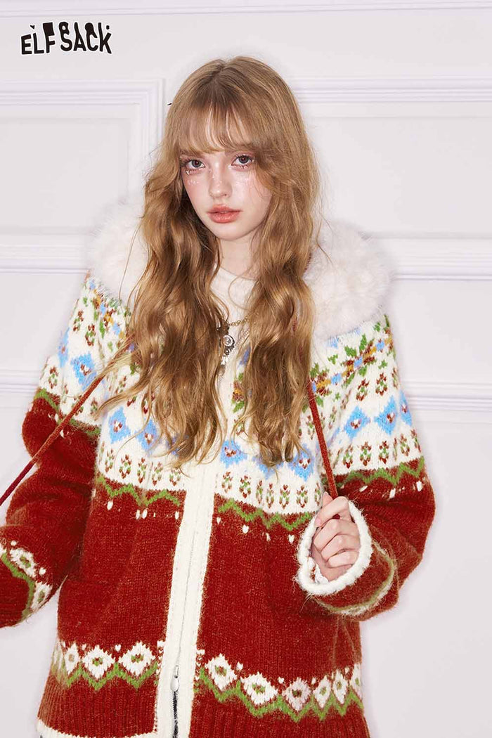 ELFSACK Loose Preppy Christmas Hooded Double Zipper Cardigan