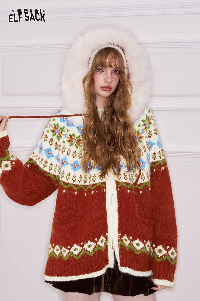 ELFSACK Loose Preppy Christmas Hooded Double Zipper Cardigan