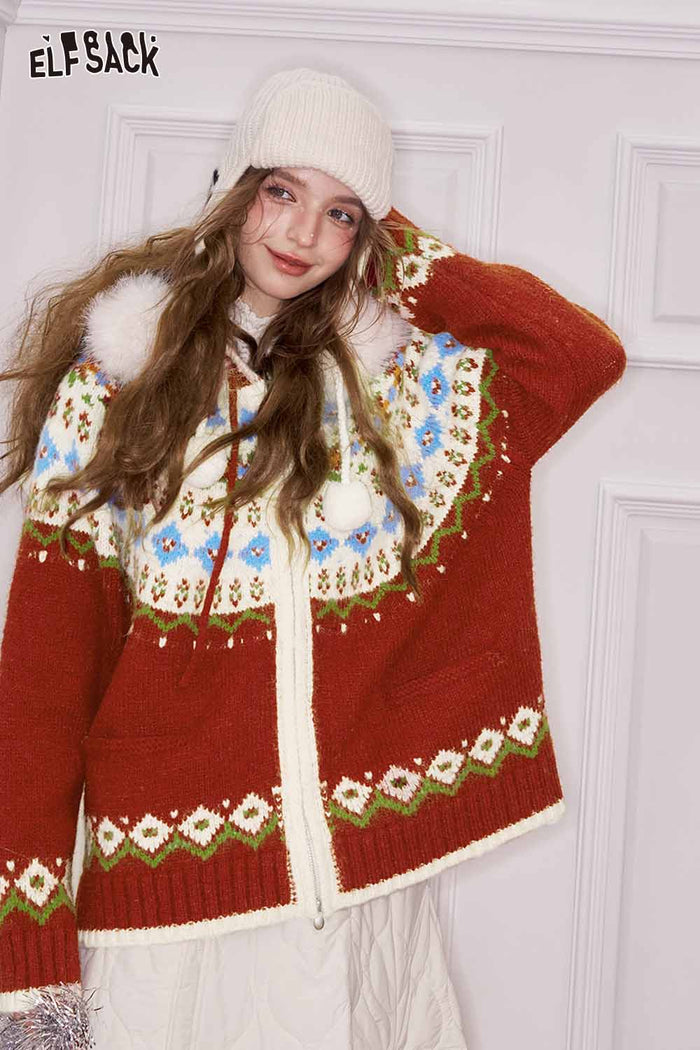 ELFSACK Loose Preppy Christmas Hooded Double Zipper Cardigan