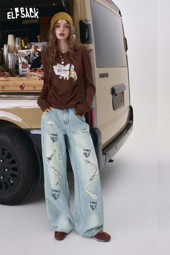 ELFSACK Loose Ripped Cartoon Graphic Straight Floor Length Jeans