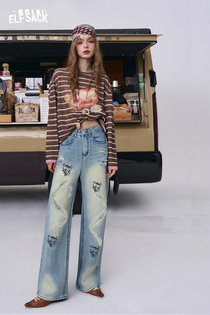 ELFSACK Loose Ripped Cartoon Graphic Straight Floor Length Jeans