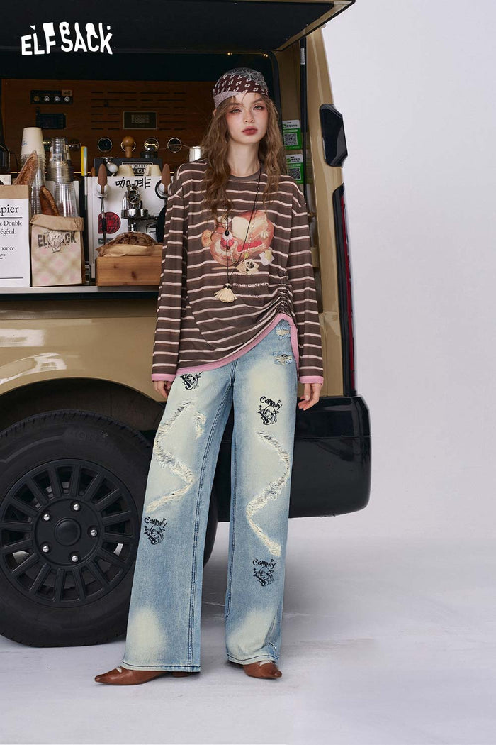 ELFSACK Loose Ripped Cartoon Graphic Straight Floor Length Jeans