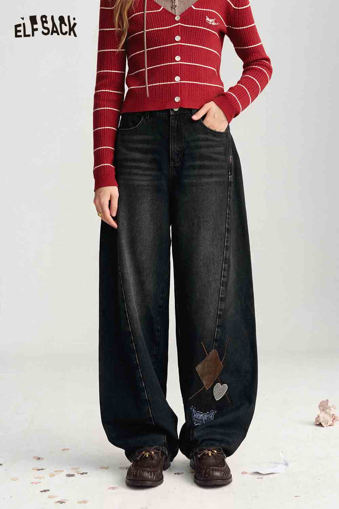 Loose Ripped Embroidered Wide Leg Jeans