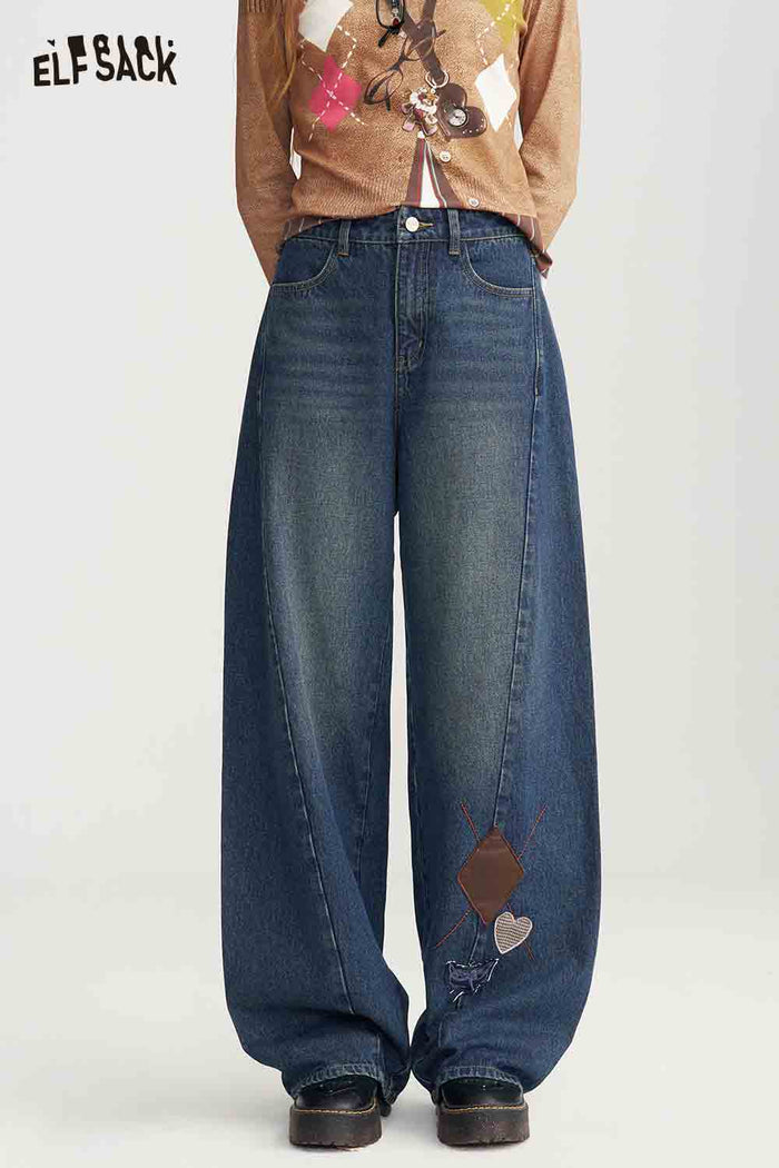 Loose Ripped Embroidered Wide Leg Jeans