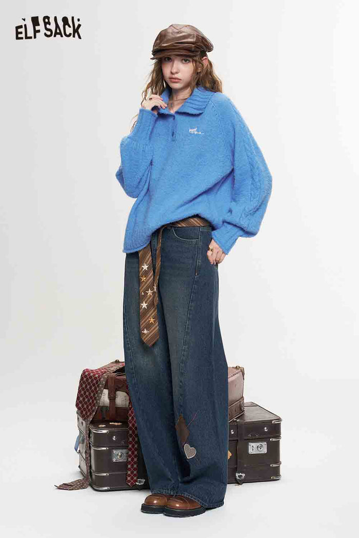 Loose Ripped Embroidered Wide Leg Jeans
