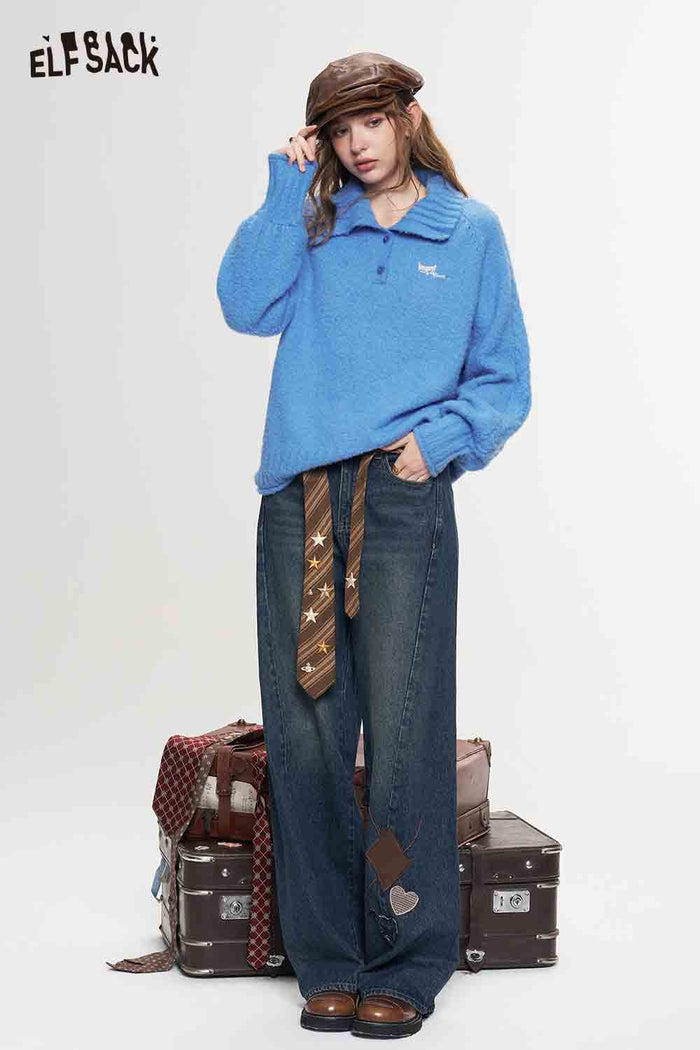 Loose Ripped Embroidered Wide Leg Jeans