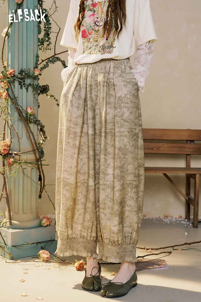 ELFSACK Loose Ruffle Hem Textured Print Pants