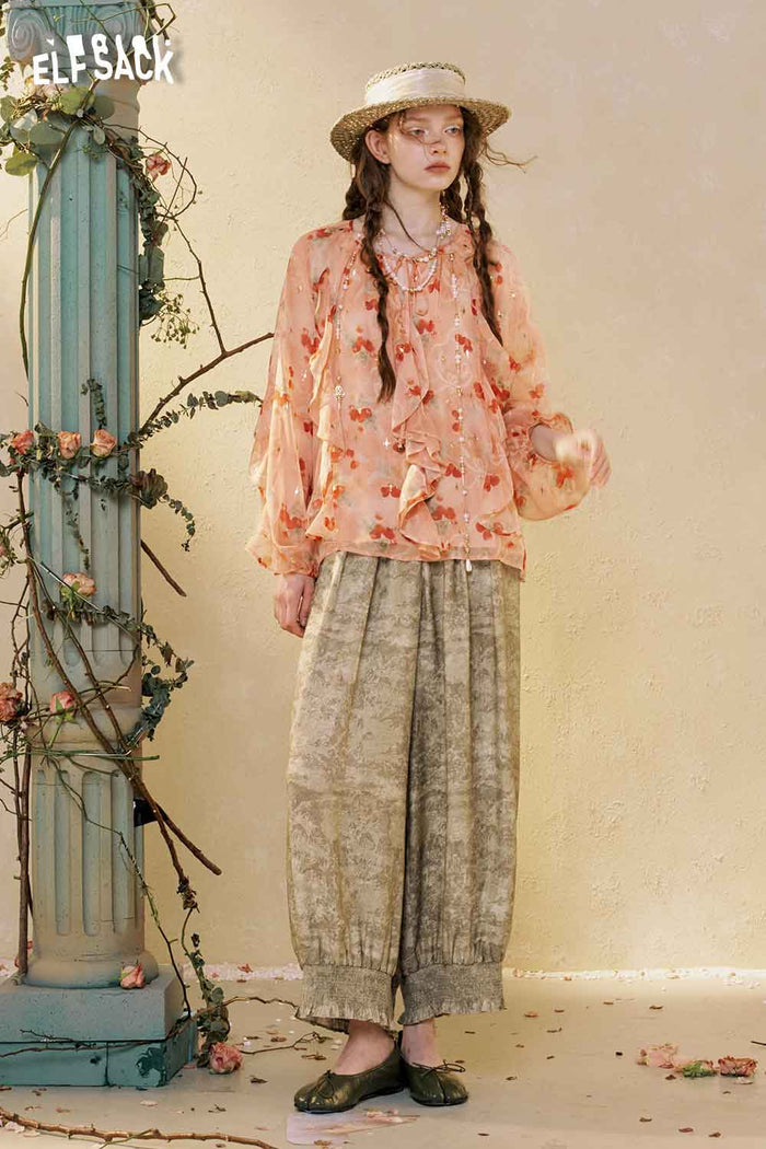 ELFSACK Loose Ruffle Hem Textured Print Pants