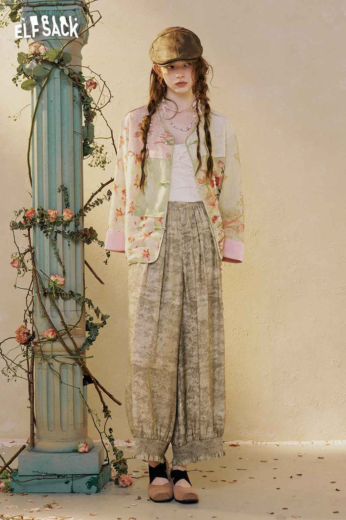 ELFSACK Loose Ruffle Hem Textured Print Pants