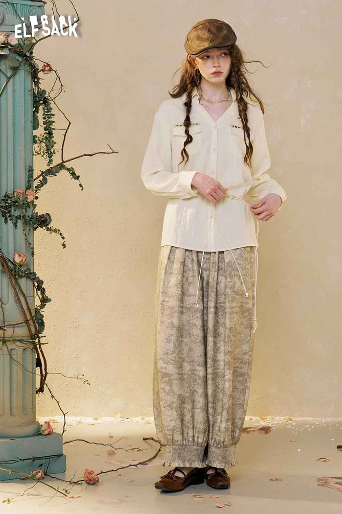 ELFSACK Loose Ruffle Hem Textured Print Pants