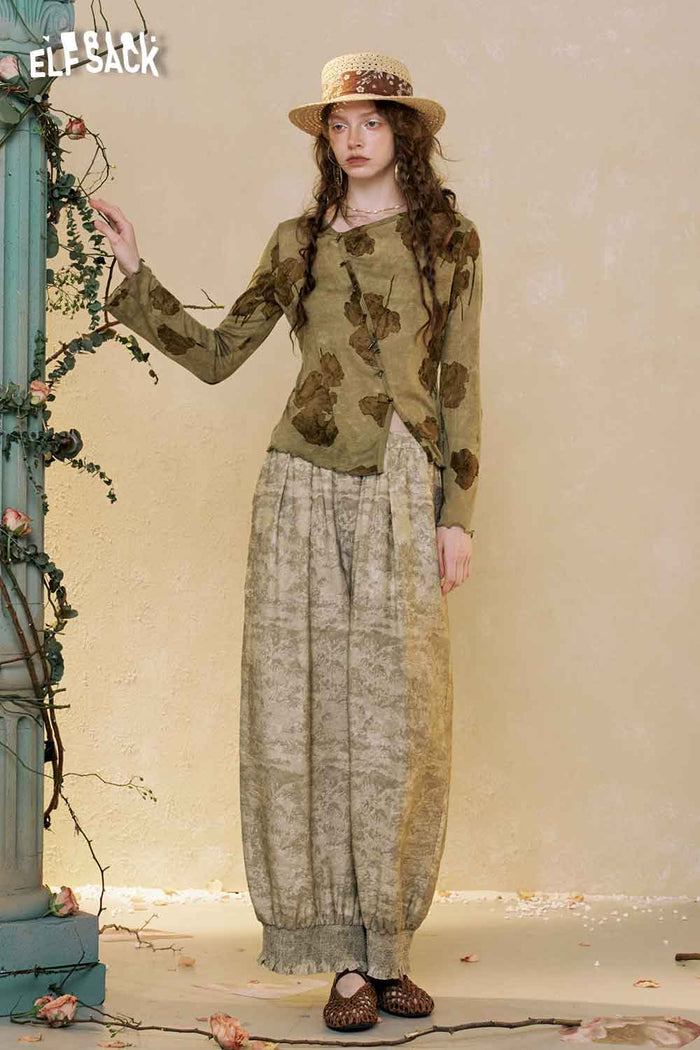 ELFSACK Loose Ruffle Hem Textured Print Pants