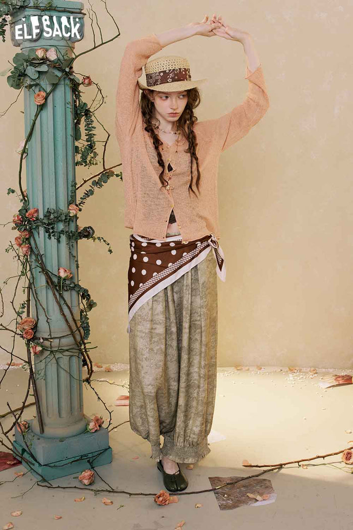 ELFSACK Loose Ruffle Hem Textured Print Pants