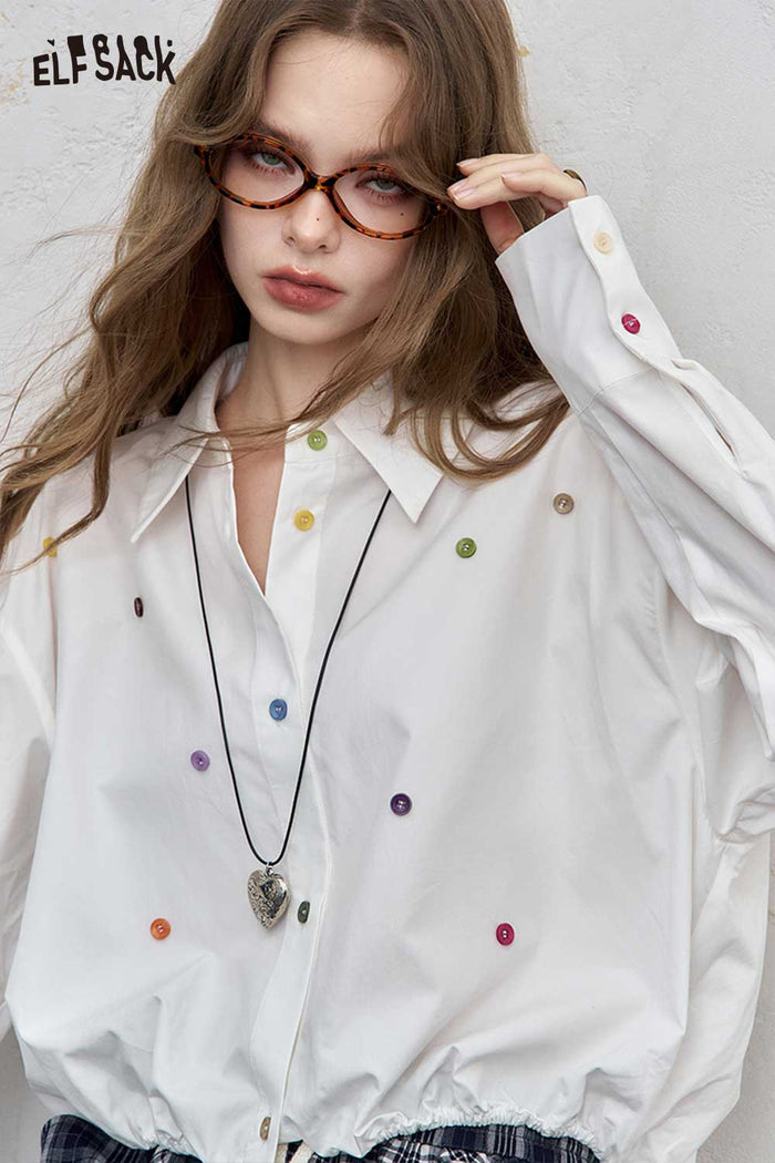 ELFSACK Loose Solid Dot Print Full Sleeve Shirt