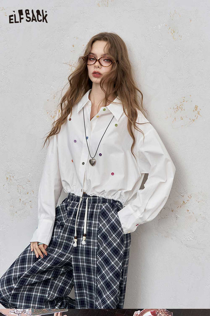 ELFSACK Loose Solid Dot Print Full Sleeve Shirt