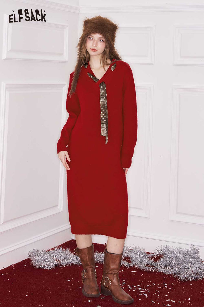 ELFSACK Loose Solid Tie Long Sleeve Knit Dress