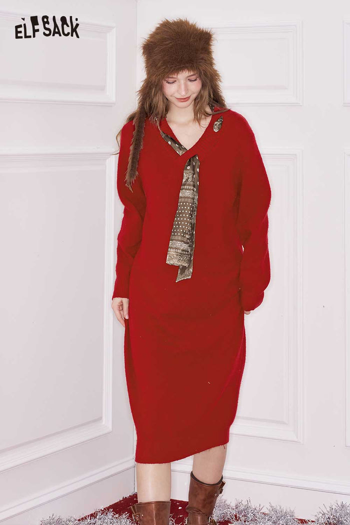 ELFSACK Loose Solid Tie Long Sleeve Knit Dress