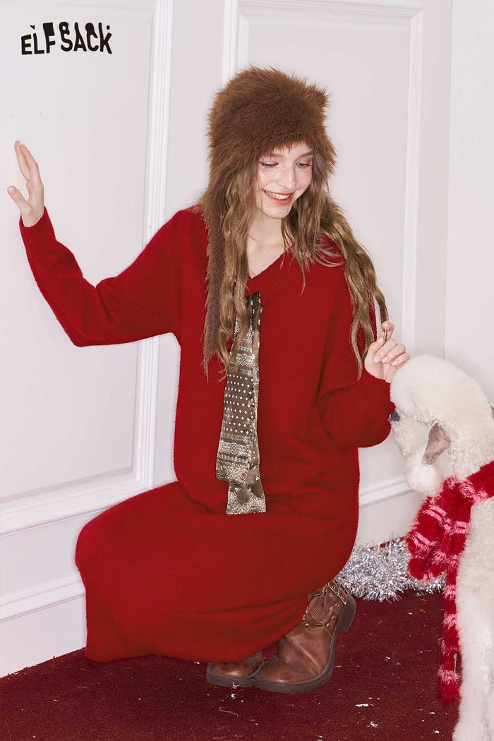ELFSACK Loose Solid Tie Long Sleeve Knit Dress