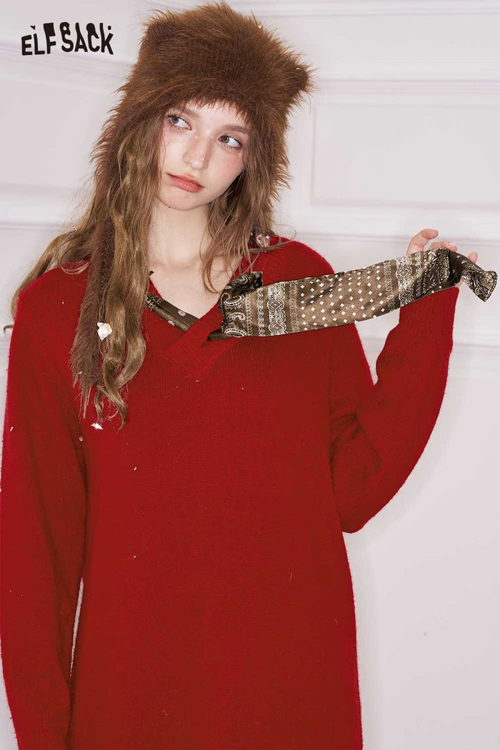 ELFSACK Loose Solid Tie Long Sleeve Knit Dress