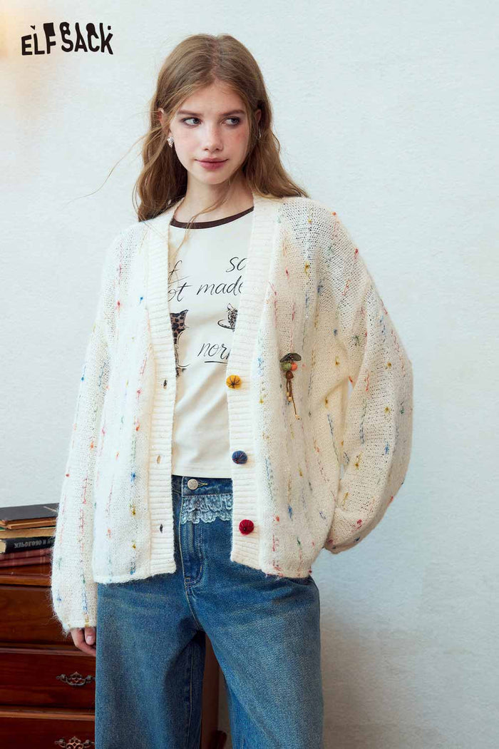 Loose Speckled Knit Sweater with Pumpkin Buttons